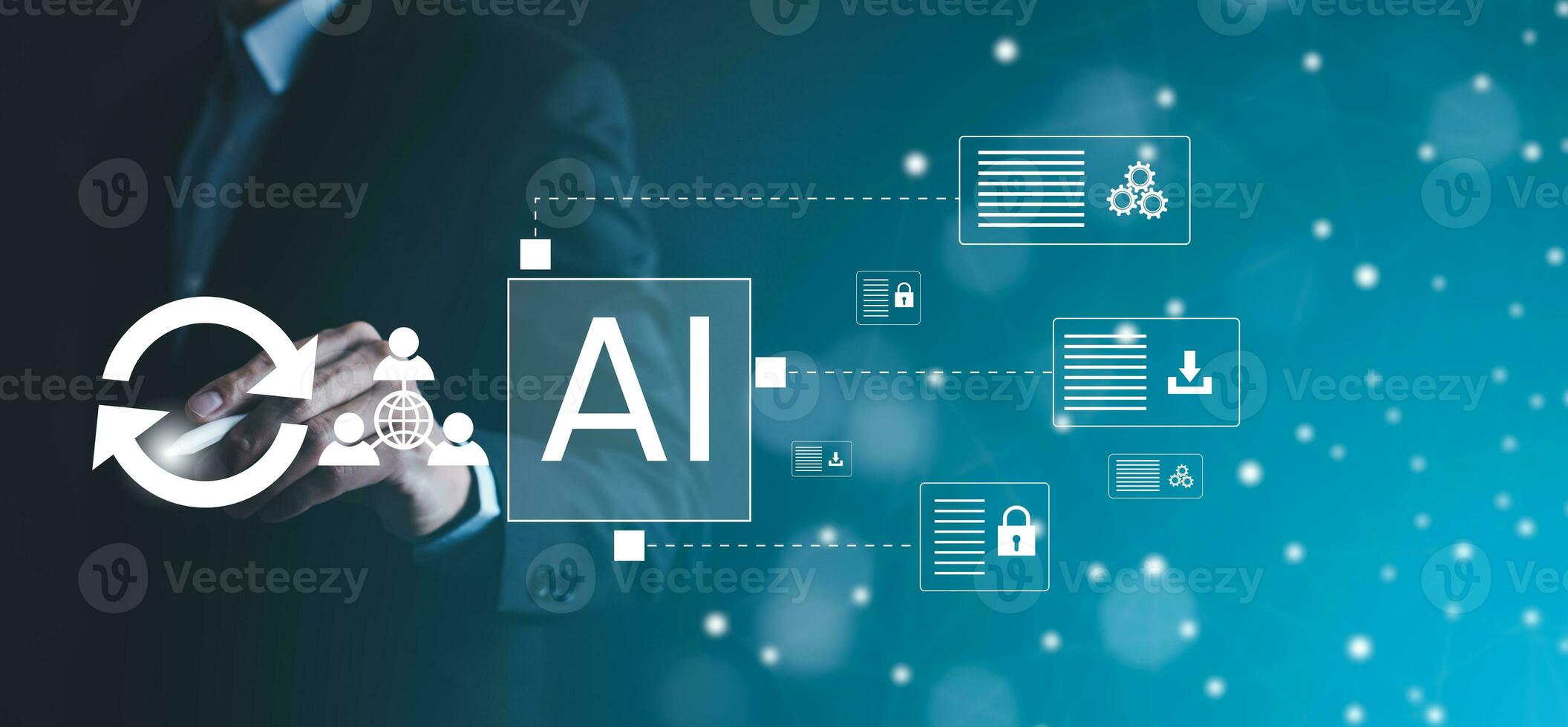 ai artificiell intelligens. affärsman använder sig av ai teknologi för data analys, kodning dator språk med digital hjärna, maskin inlärning på virtuell skärm, företag intelligens foto