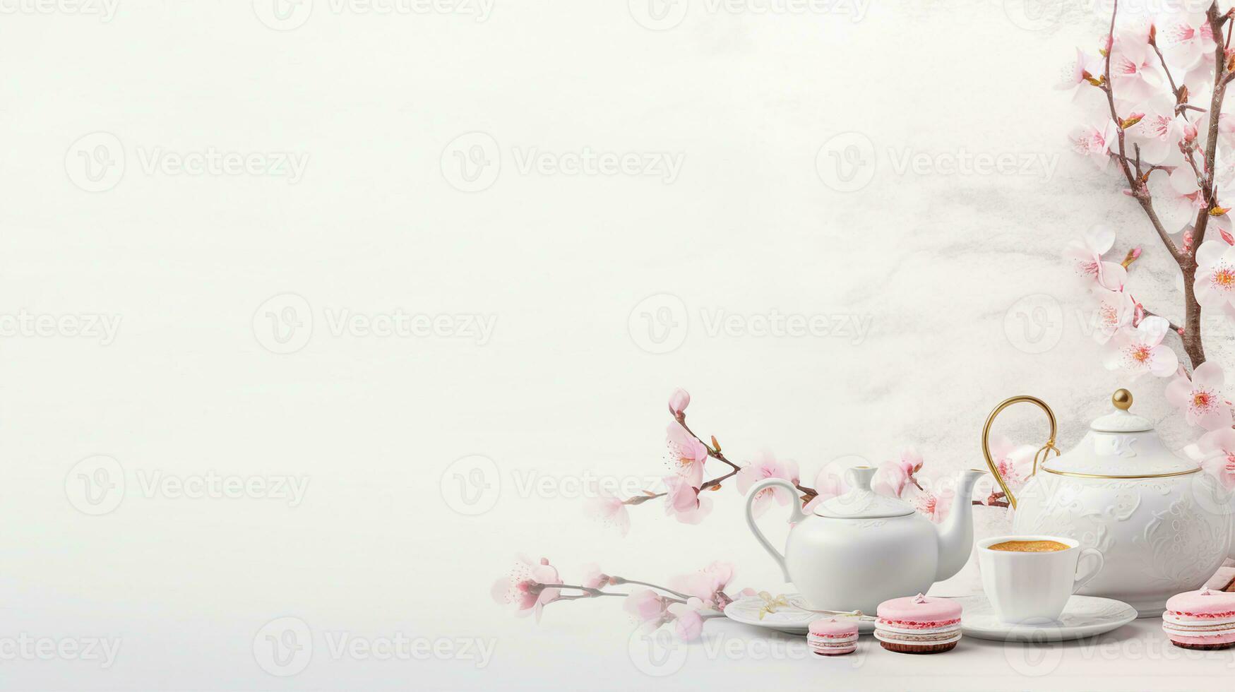 baner presenterar en festlig te miljö, ett utsmyckad tekanna, koppar, bakverk, uppsättning mot en bakgrund av blomning körsbär blommar. generativ ai foto