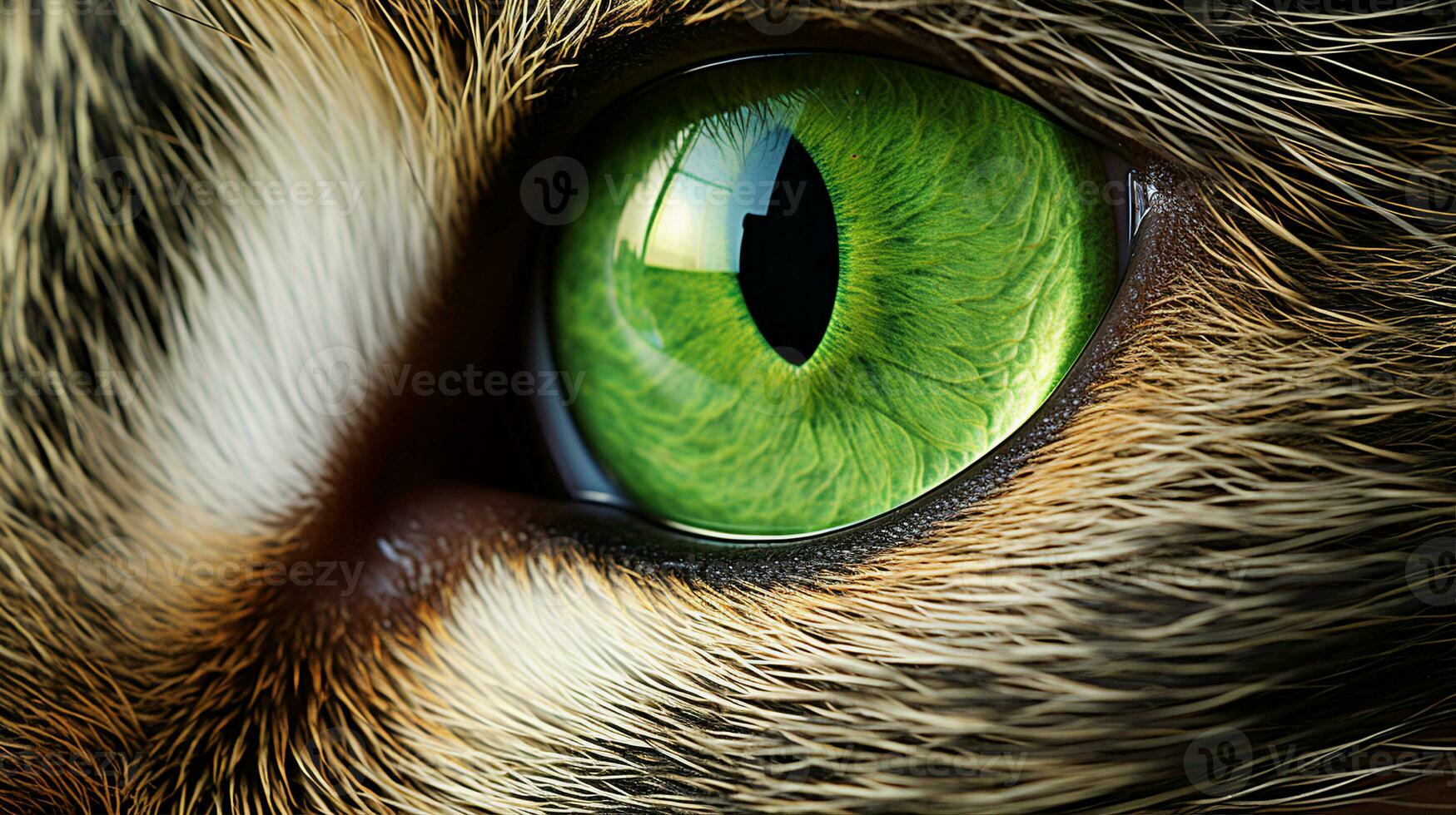 kattens grön öga förstorad, avslöjande invecklad mönster och djup, en fönster till dess själ. generativ ai foto