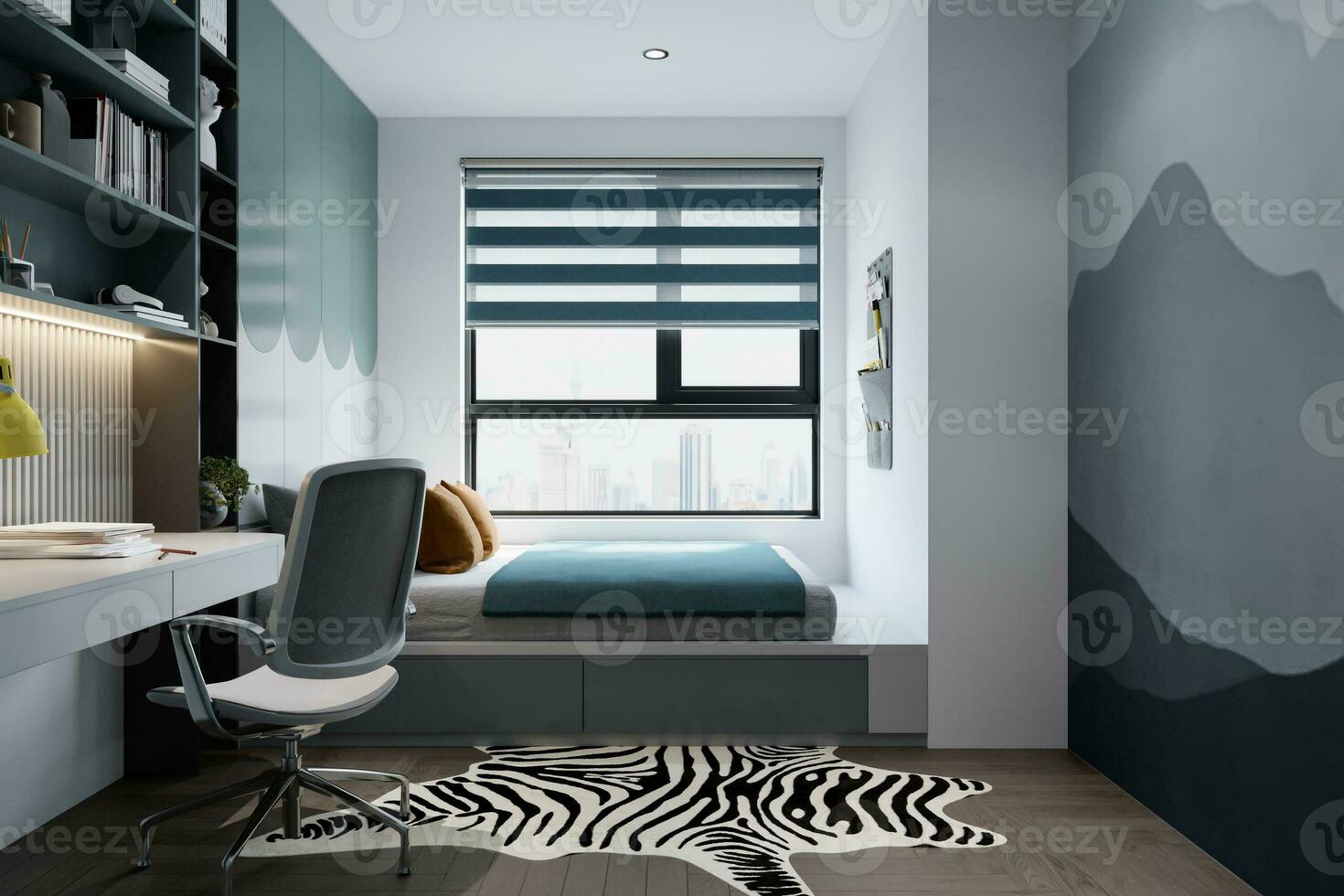 grå säng Nästa till de fönster, dray grå vägg måla och hylla, tabell, stol i sovrum interiör, 3d tolkning foto