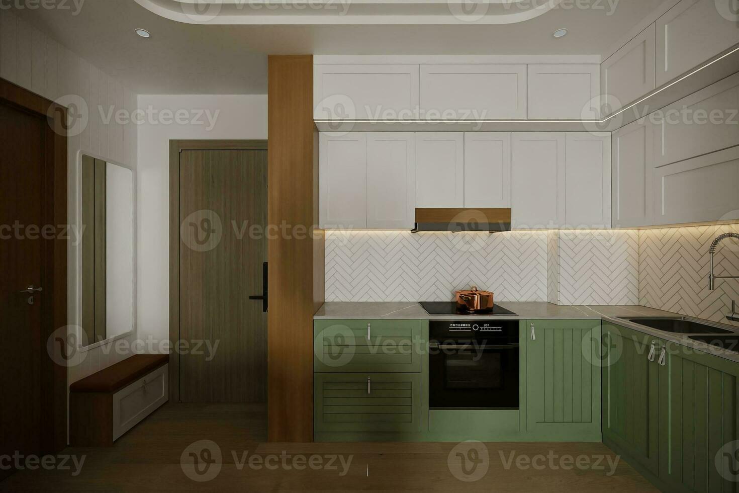 interiör av minimalistisk öppen kök med vit och grön ava och teknologi, 3d tolkning foto