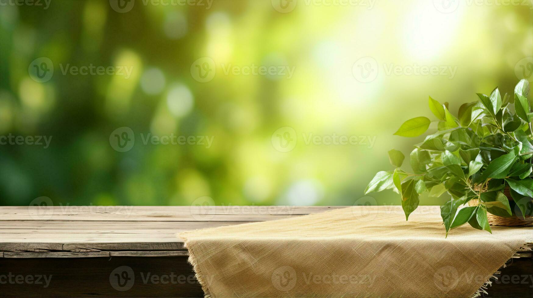 bordsduk på trä- tabell, fläck grön bakgrund, produkt presentation mall. generativ ai foto