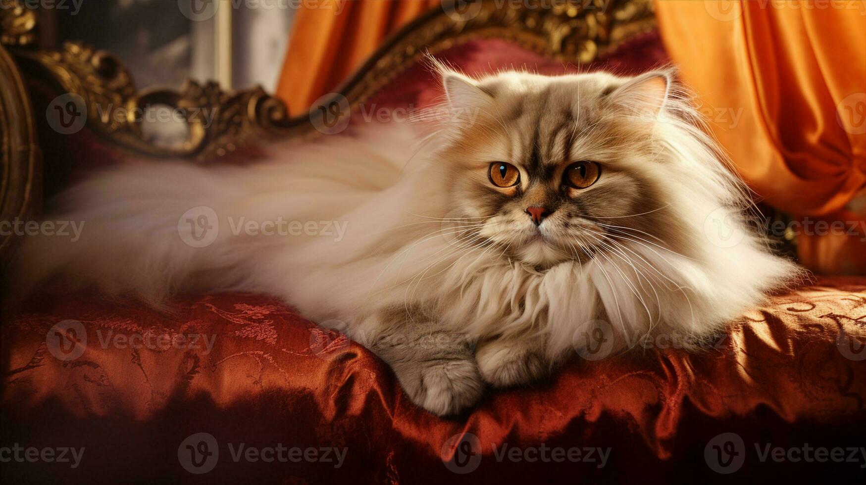 persisk katt liggande på en sammet prydnadskudde, dess lyxig päls spegling de överflöd runt om. generativ ai foto