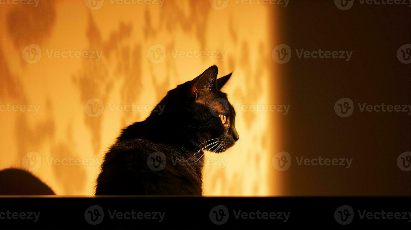 en kattens skugga projiceras på en vägg, upplyst förbi levande ljus, skapande en mystisk silhuett. generativ ai foto