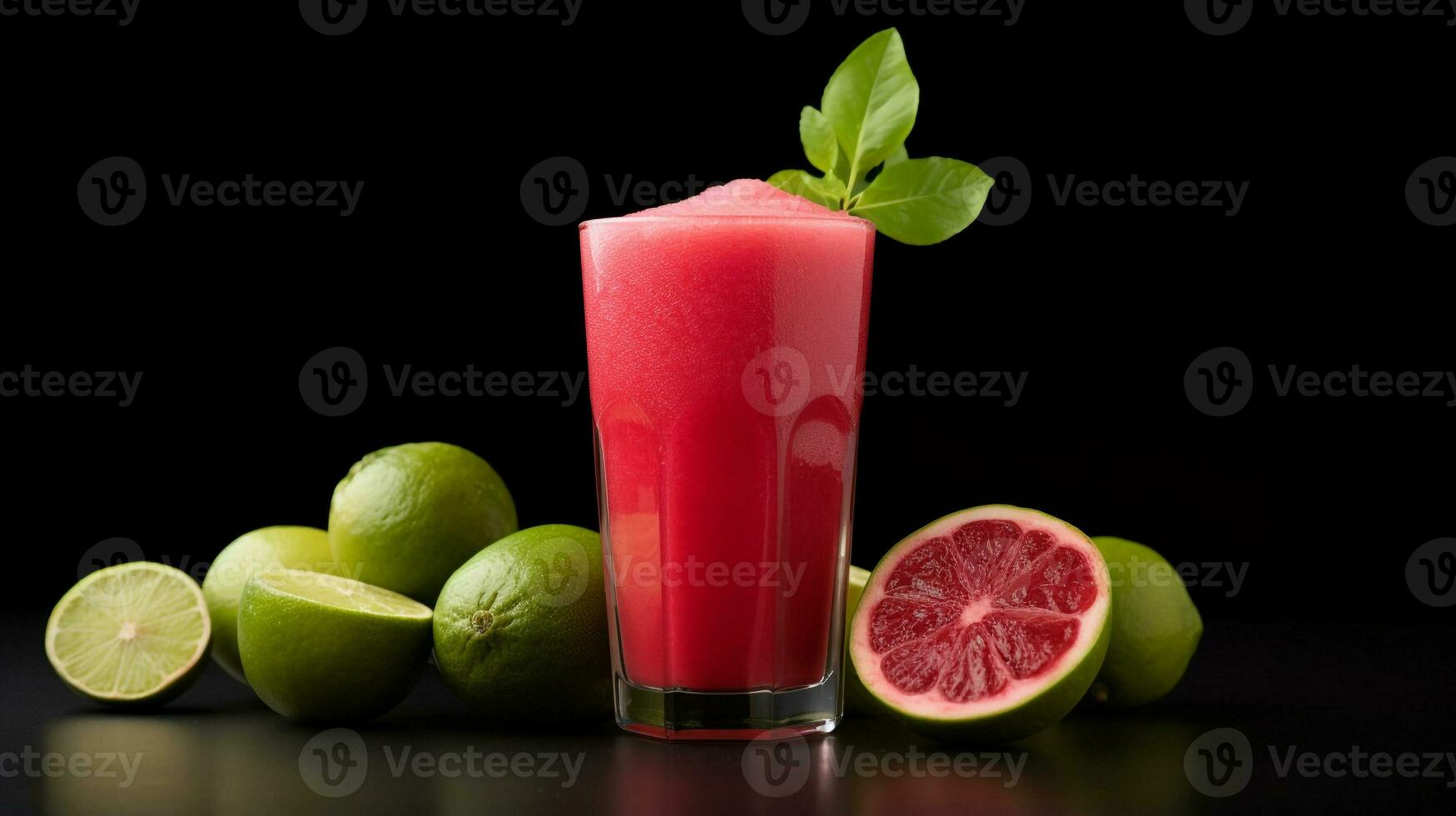 Foto av en guava juice dryck isolerat på svart bakgrund. generativ ai