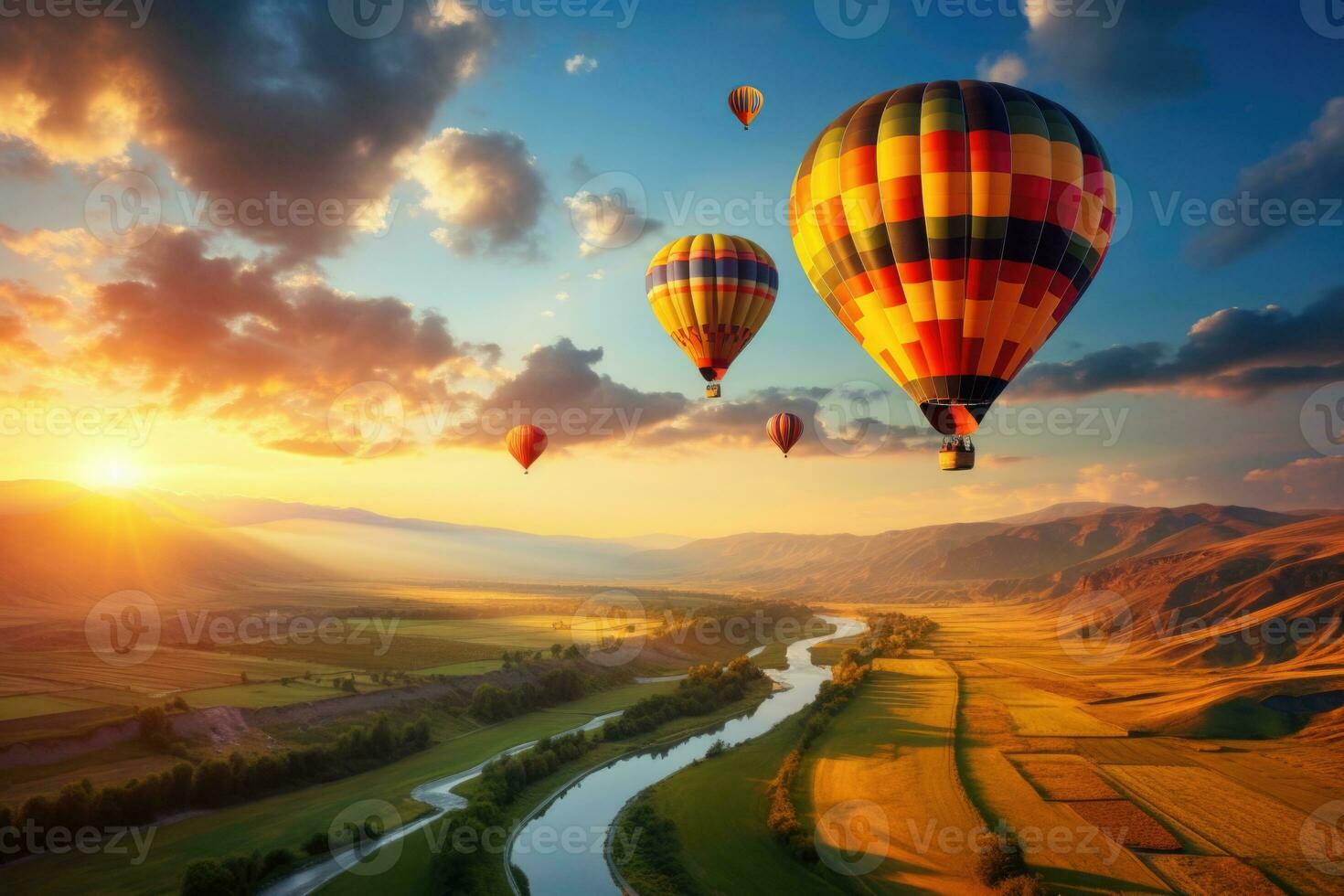 färgrik varm luft ballonger flygande över berg. resor foto