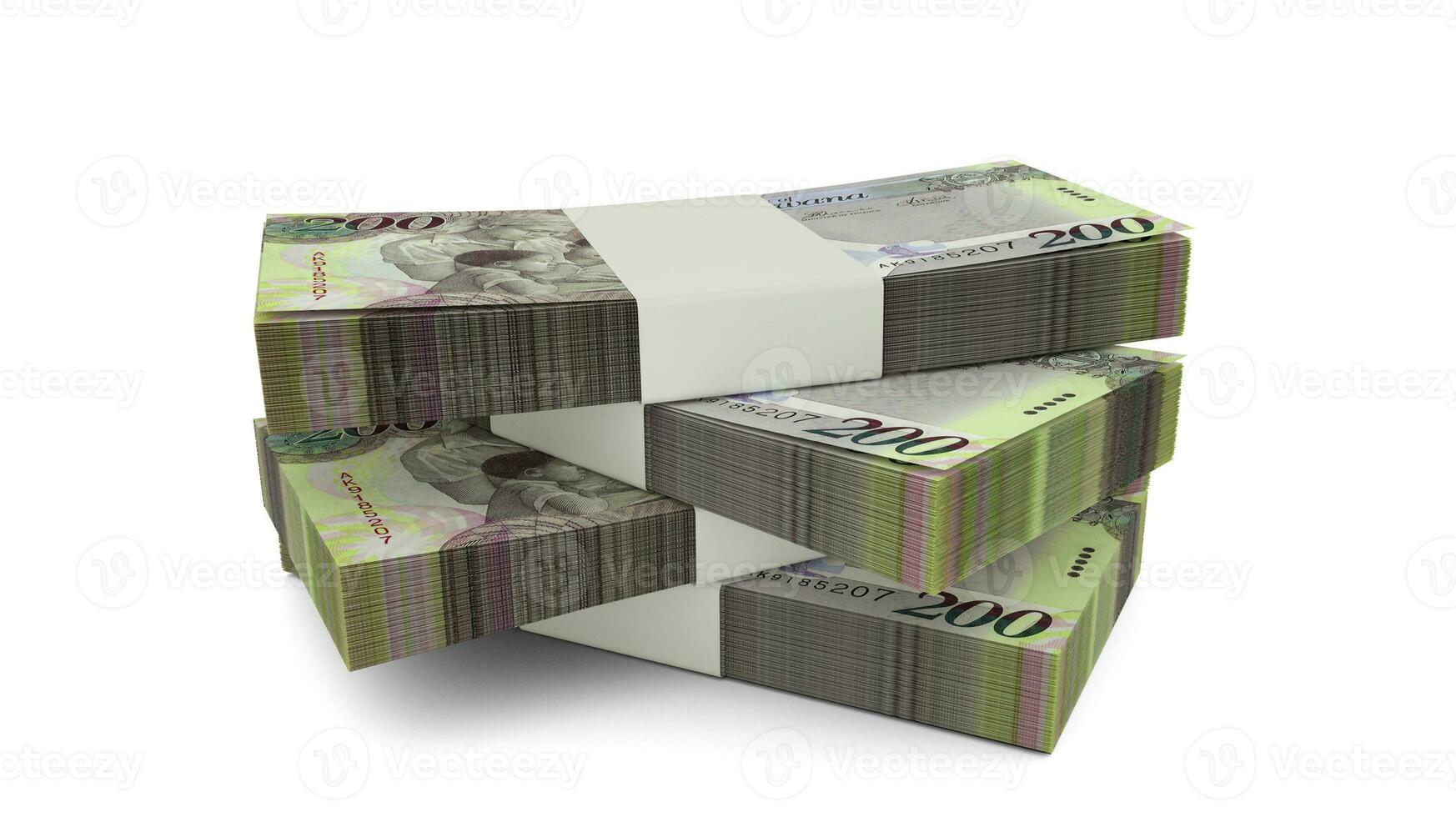 3d tolkning av stack av botswana pula anteckningar. få buntar av botswana valuta isolerat på vit bakgrund foto