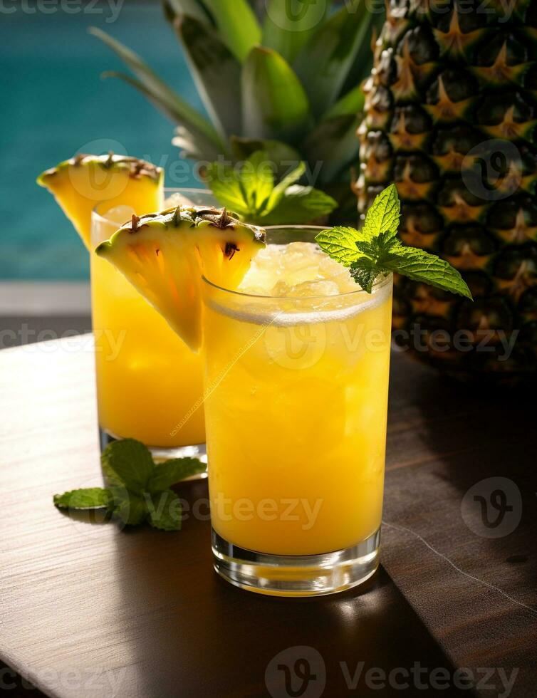 Foto av några ananas stansa dryck elegant pläterad på en tabell. generativ ai