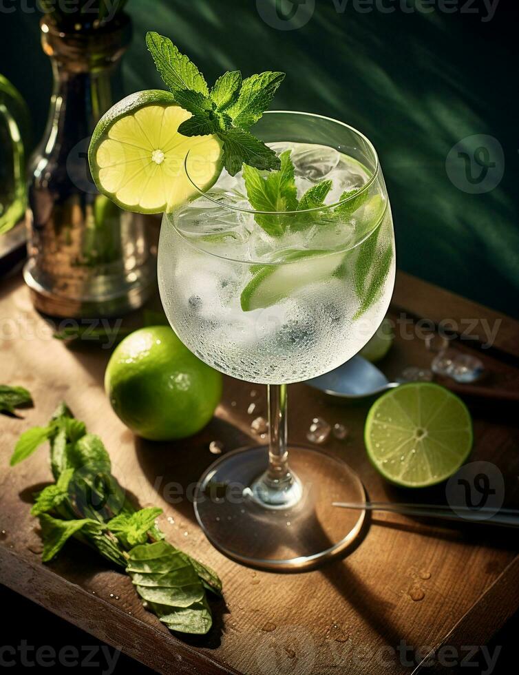 Foto av några gin och tonic dryck elegant pläterad på en tabell. generativ ai