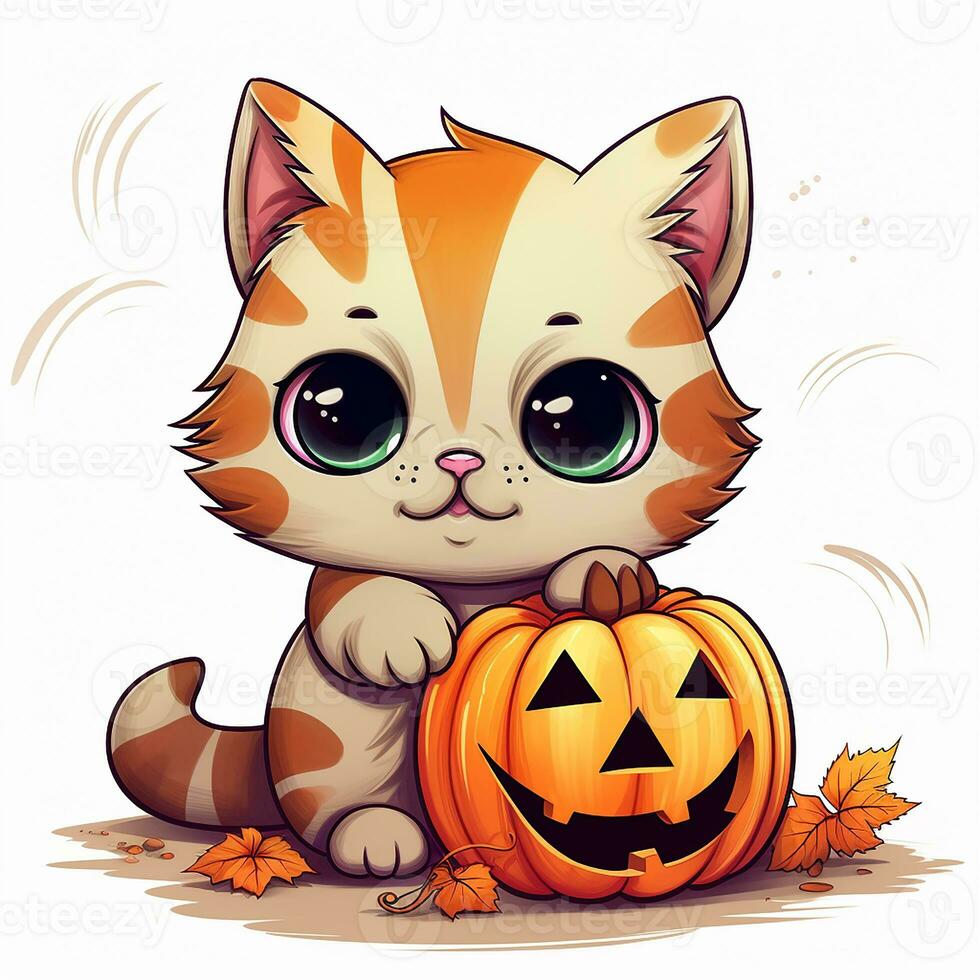söt illustration av en katt med en halloween pumpa. tecknad serie stil, söt. liten rolig kattunge. ai genererad foto