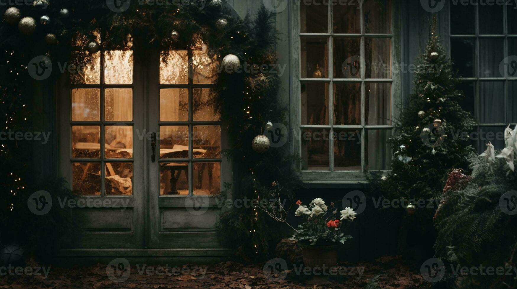 generativ ai, trädgård i vinter- och jul Hem dekoration, dämpad färger, Semester fotorealistisk estetisk bakgrund foto