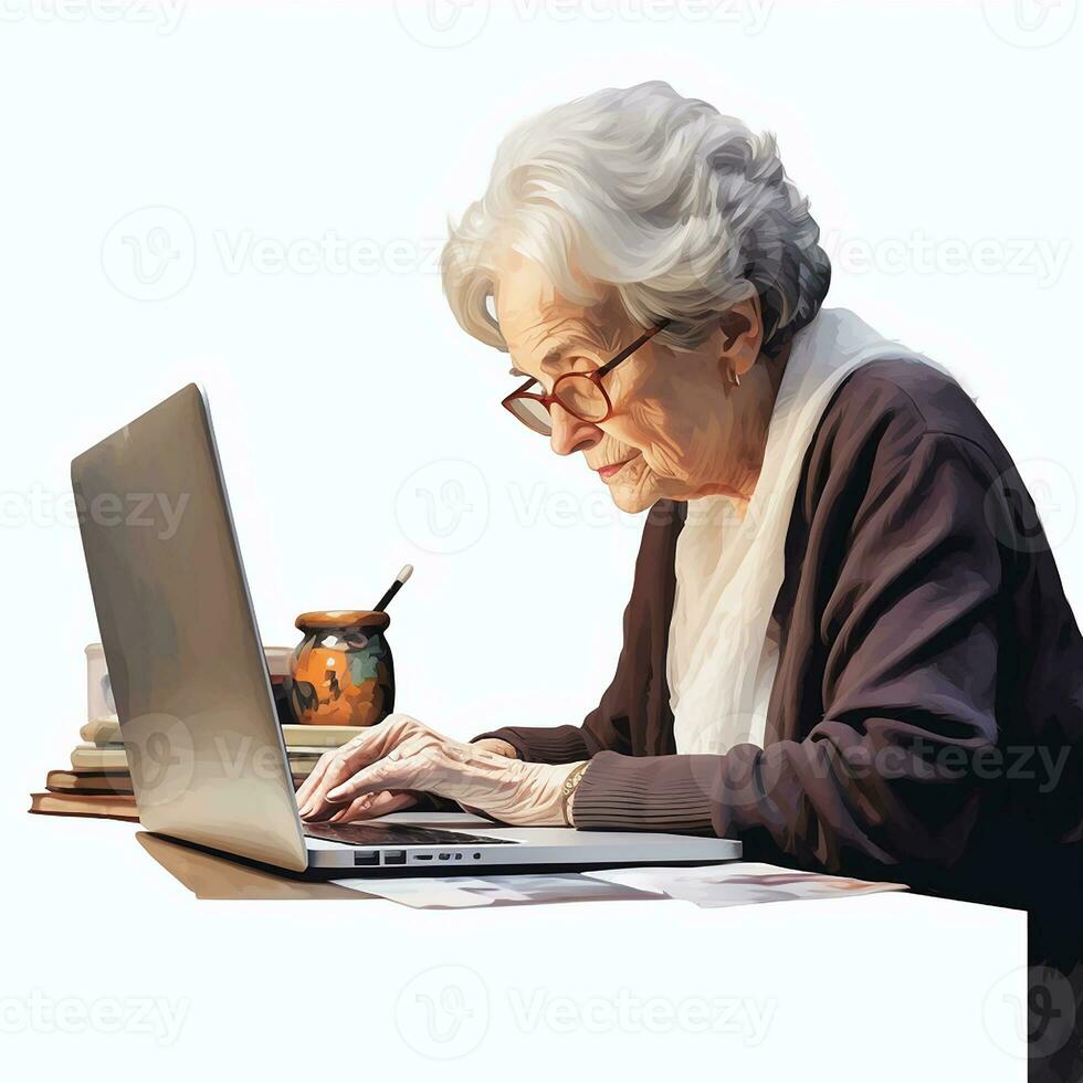 fotorealistisk bild av ett äldre kvinna arbetssätt på en bärbar dator. teknologi, Träning för äldre människor. ai genererad foto