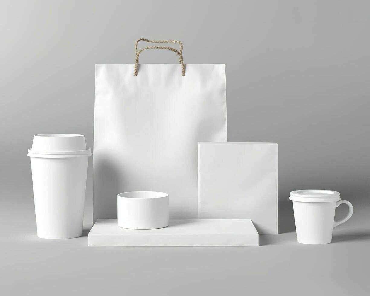 tom väska, kaffe mugg, och kopp på en ljus bakgrund. generativ ai foto