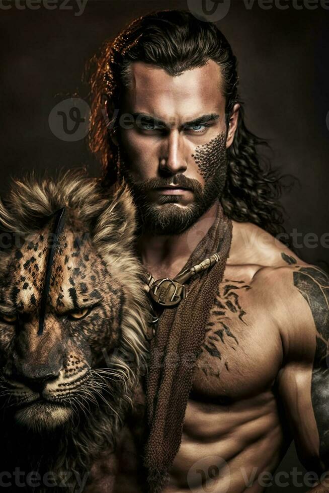 porträtt av en viking krigare med leopard, generativ ai foto