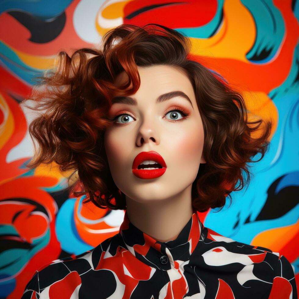 Foto od beautifil kvinna med röd mun på levande bakgrund i pop- konst stil