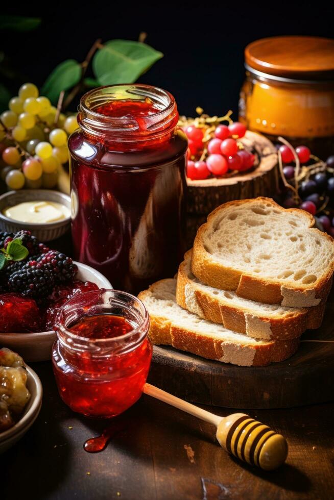 spridning av frukt sylt och honung på rustik bröd skivor foto