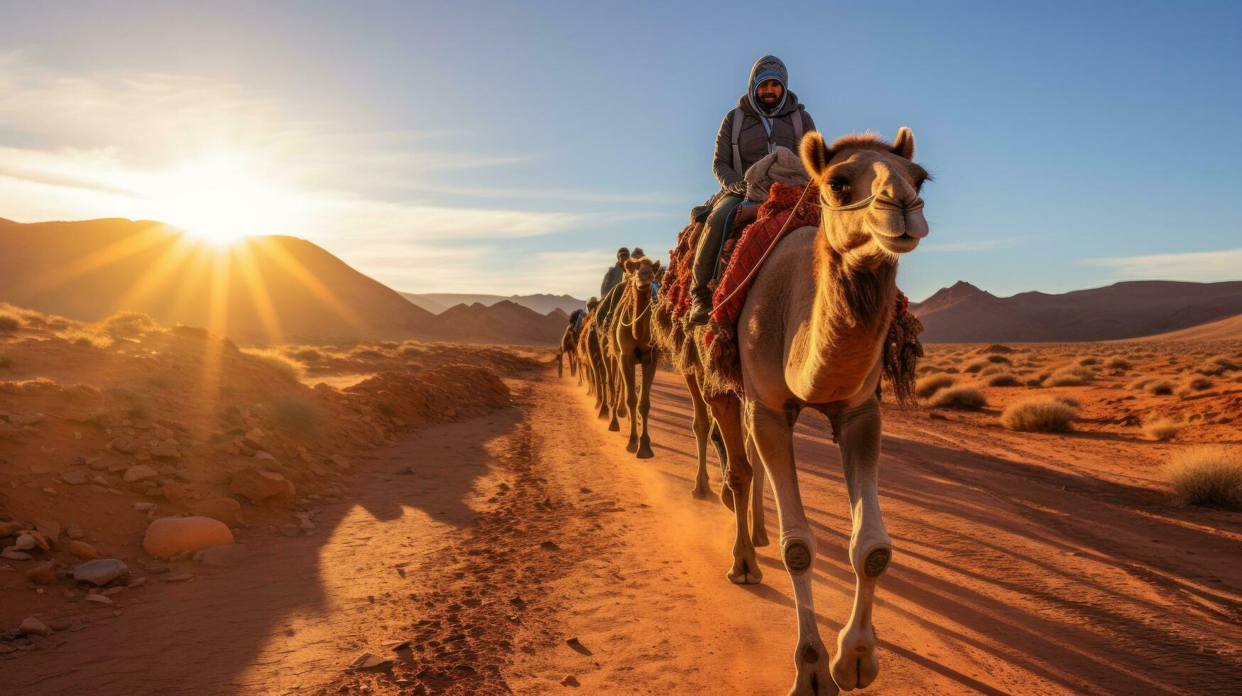 turister glädje i grupp kamel rider genom de öken- resa foto