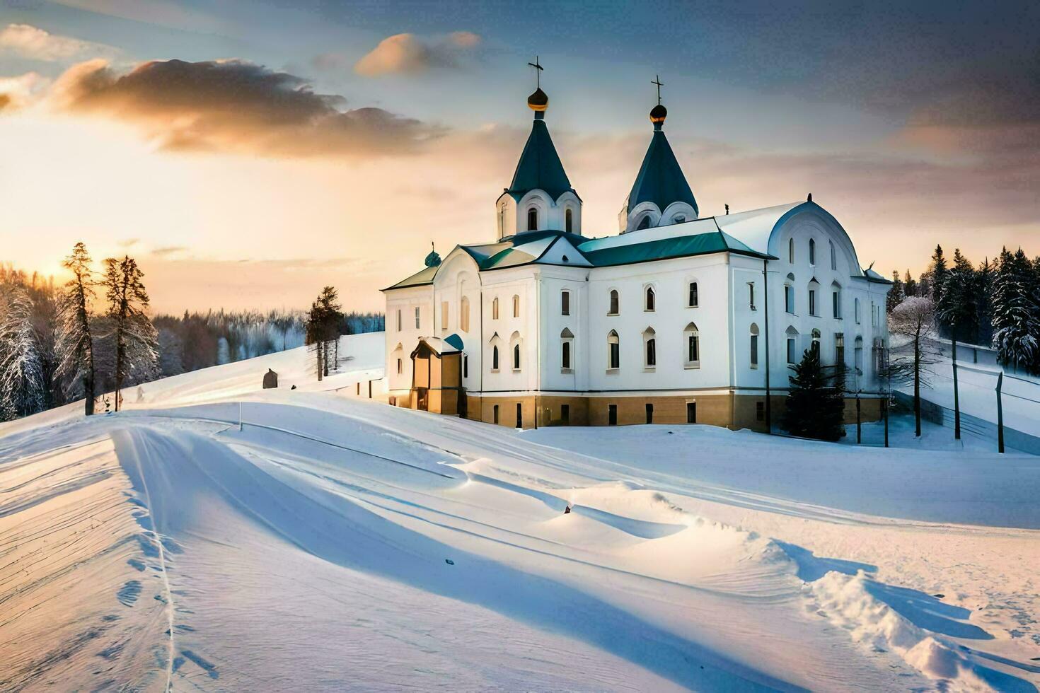 en kyrka i de snö med två spiror. ai-genererad foto