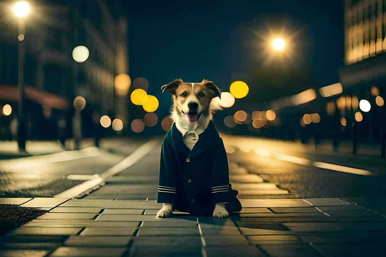 en hund i en kostym Sammanträde på de gata på natt. ai-genererad foto