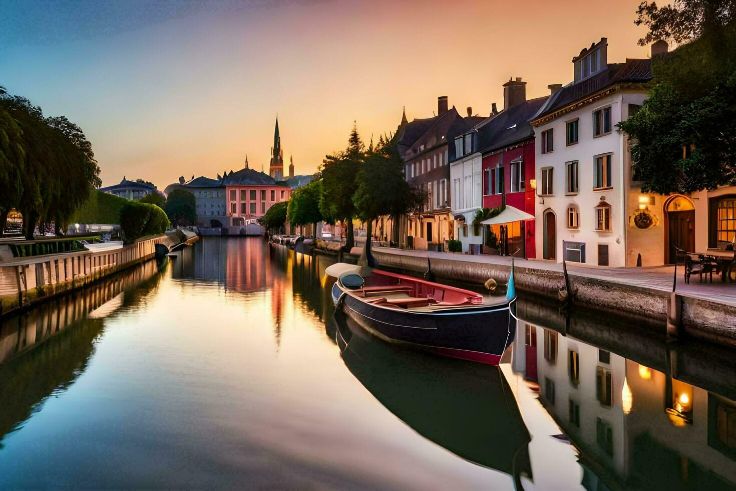 en båt är dockad i en kanal på solnedgång. ai-genererad foto