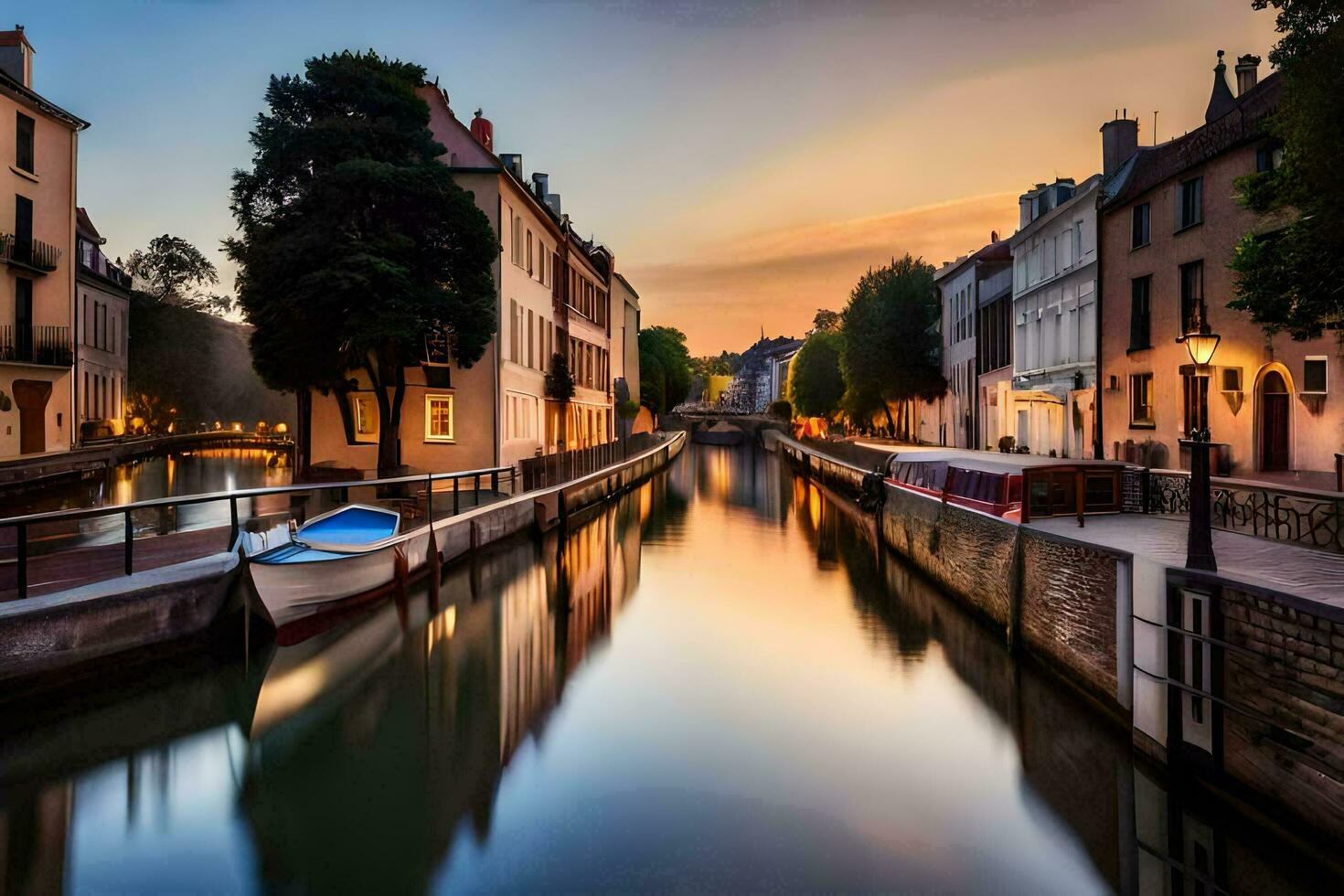 en kanal i de mitten av en stad på solnedgång. ai-genererad foto