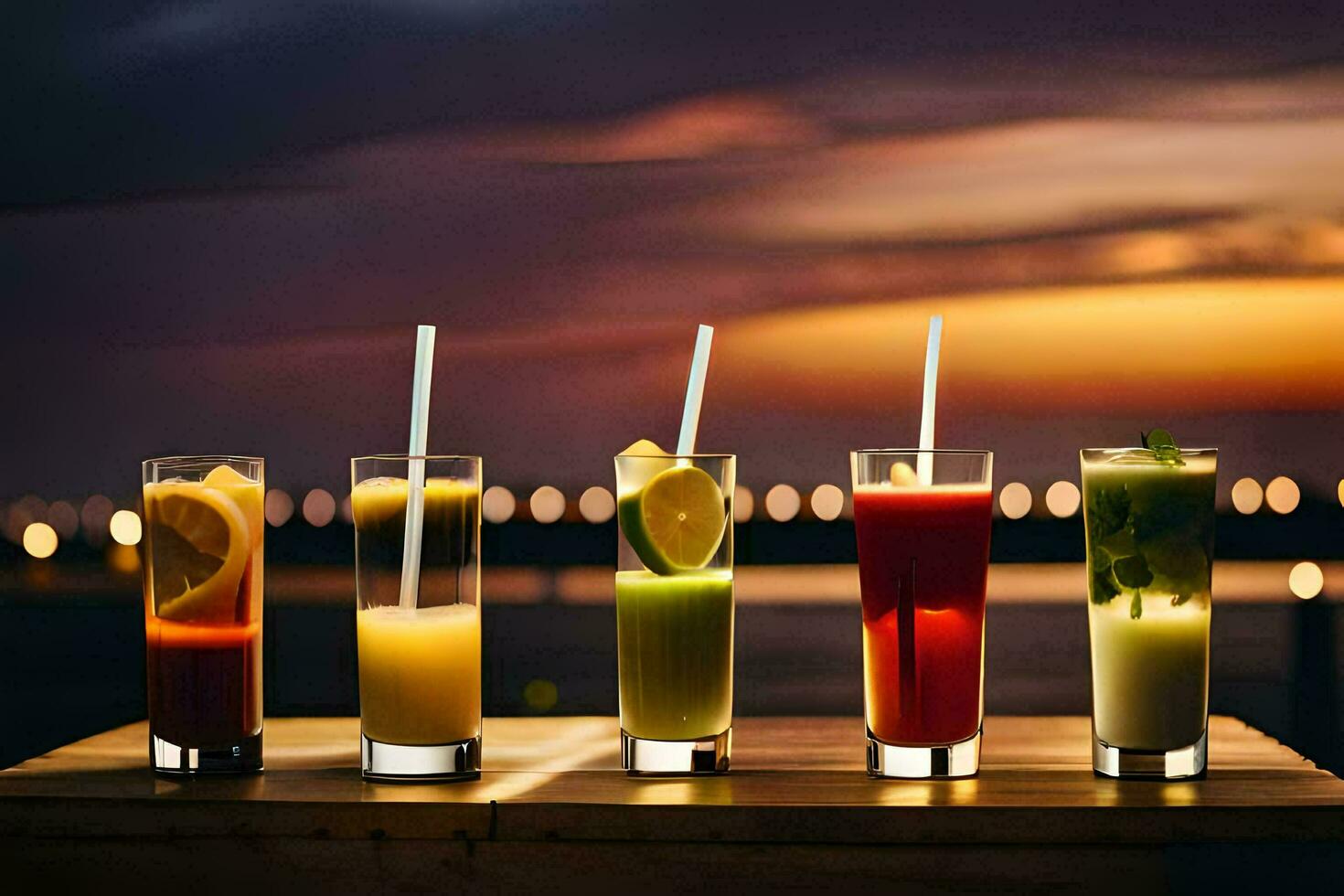 fem annorlunda drycker i glasögon på en tabell. ai-genererad foto