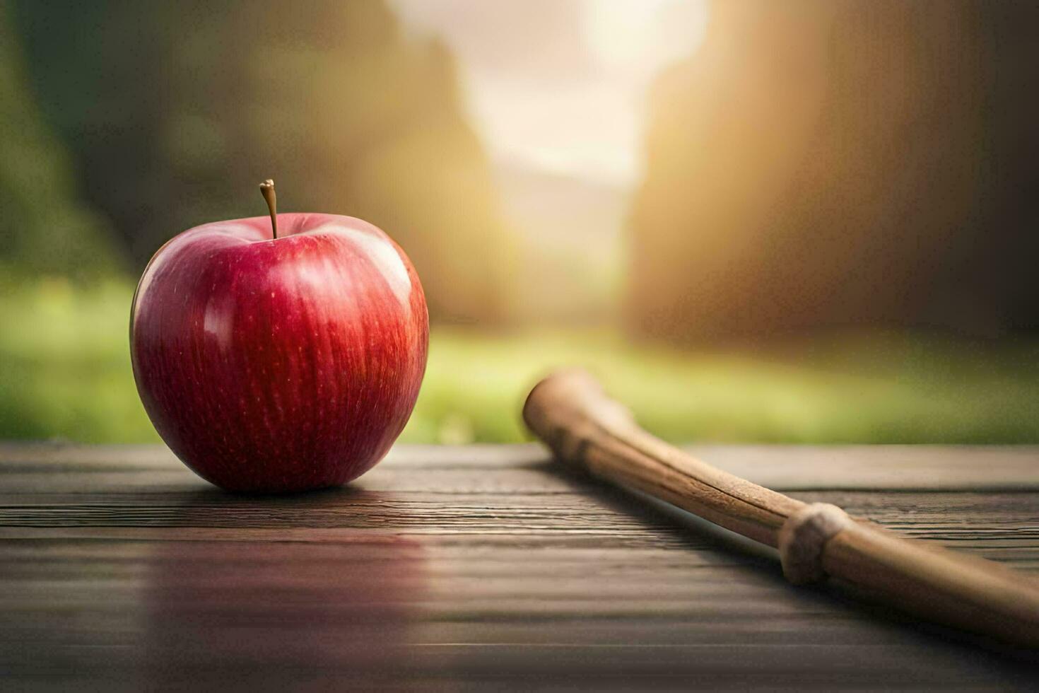 ett äpple och en pinne på en trä- tabell. ai-genererad foto