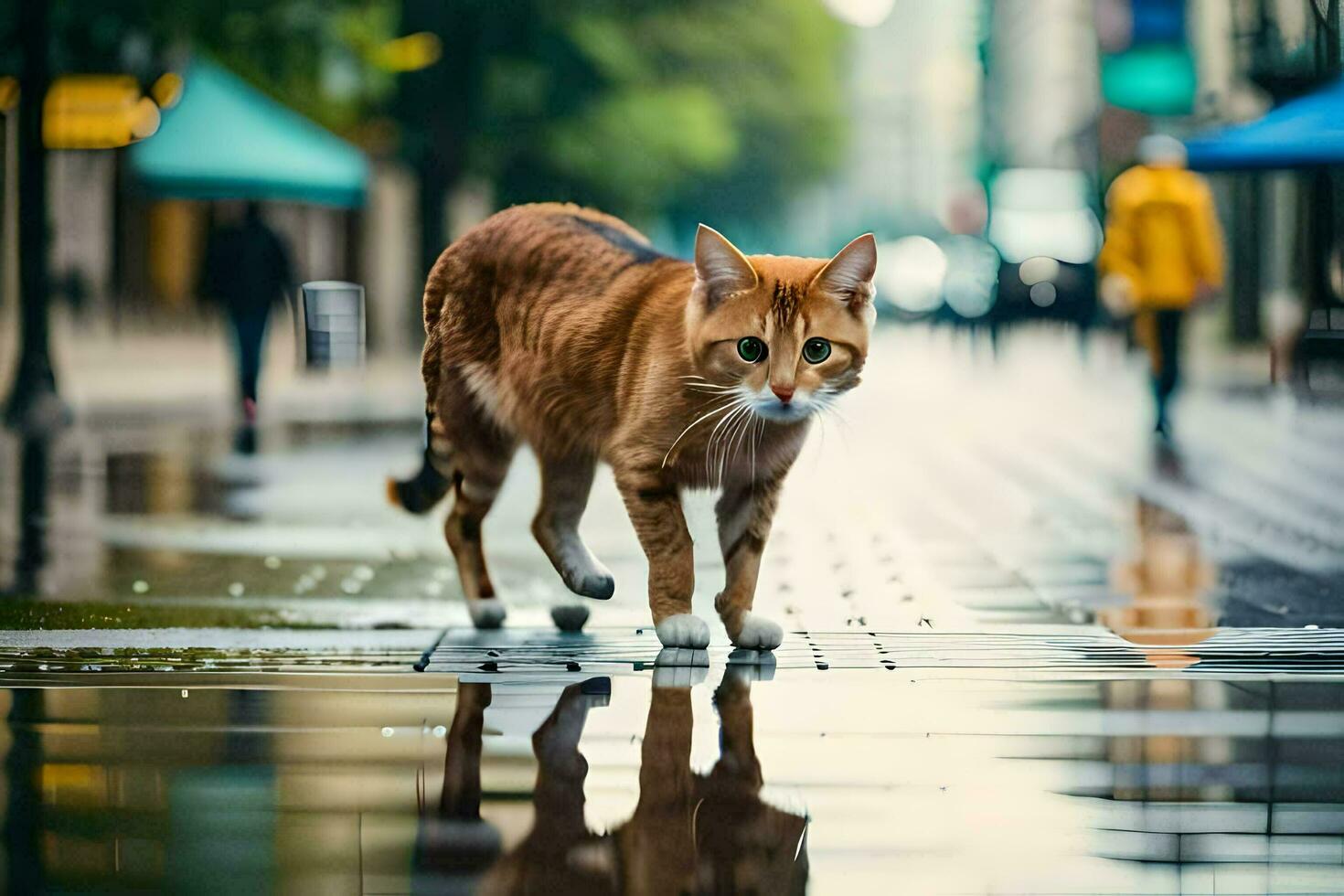 en katt gående på en våt gata i de regn. ai-genererad foto