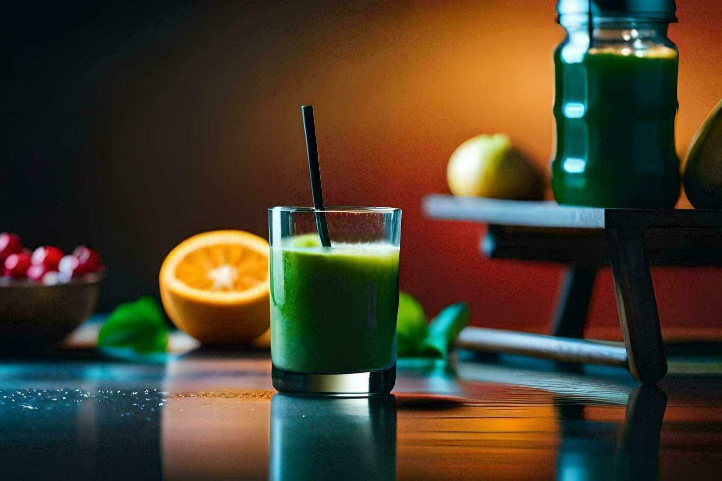 grön juice i en glas med en sugrör. ai-genererad foto