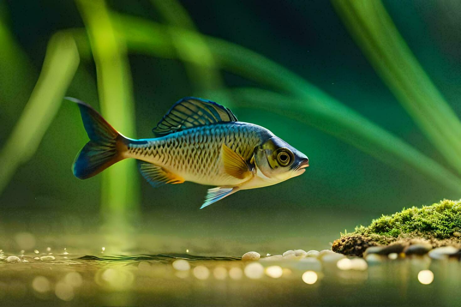 en fisk simning i de vatten med gräs och mossa. ai-genererad foto