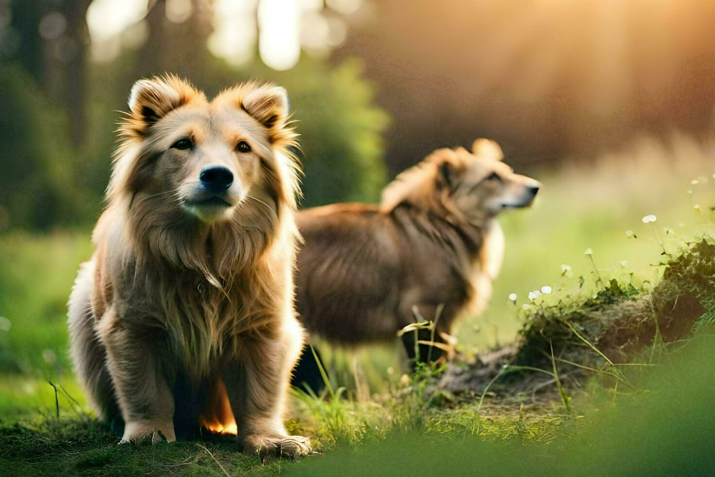 två hundar är stående i de gräs. ai-genererad foto