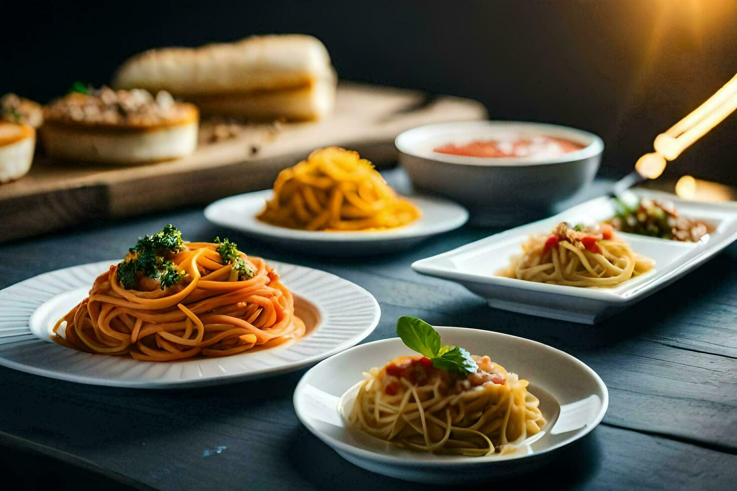 spaghetti och Övrig maträtter på en tabell. ai-genererad foto