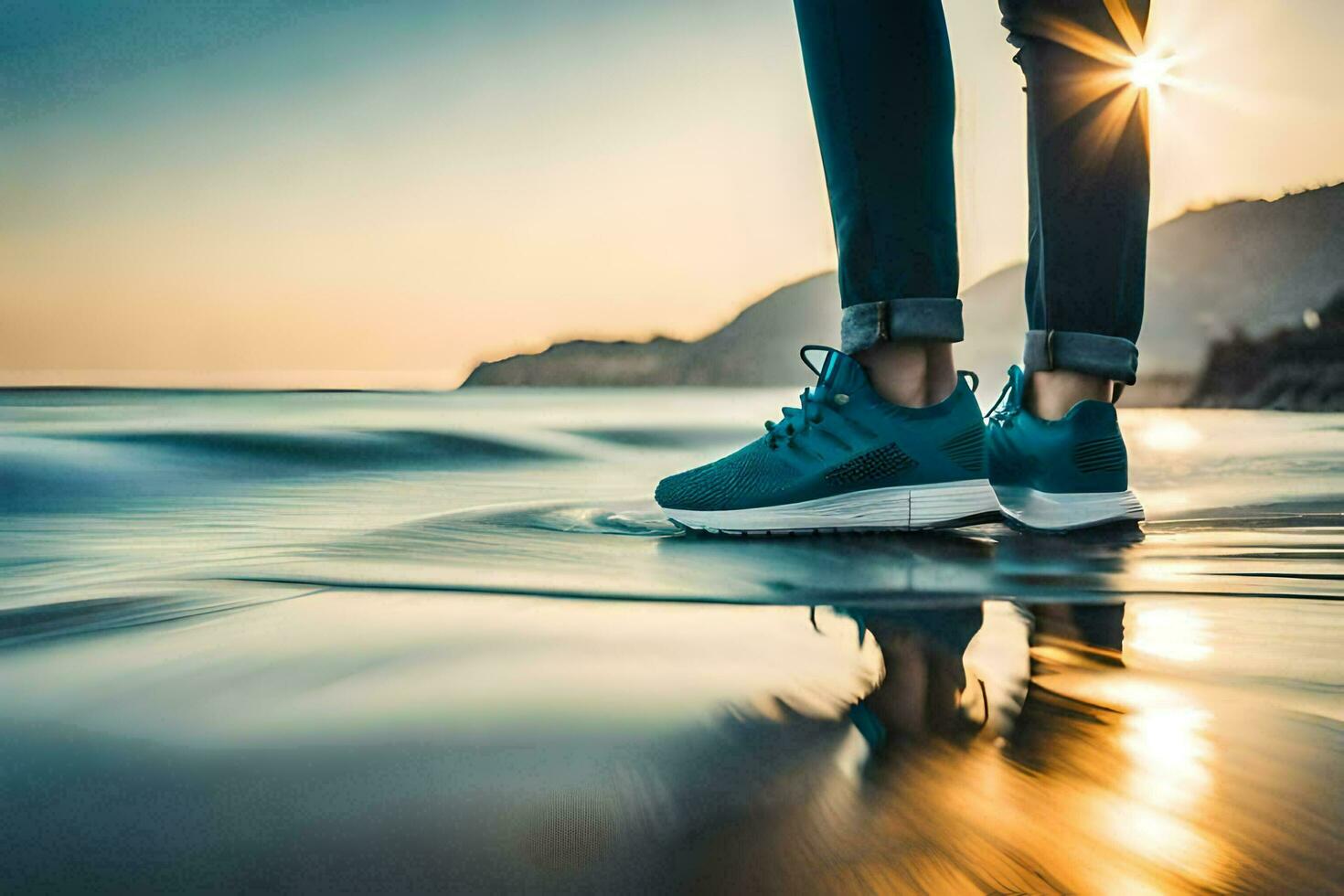 en person bär blå gymnastikskor stående på de strand på solnedgång. ai-genererad foto