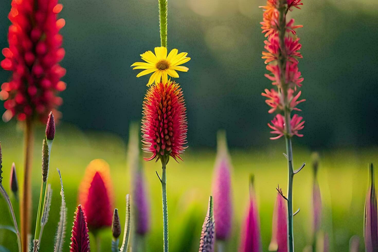 en fält av färgrik blommor med en gul blomma. ai-genererad foto