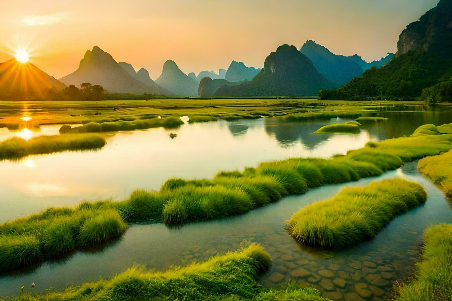 de Sol uppsättningar över en flod och bergen i Kina. ai-genererad foto
