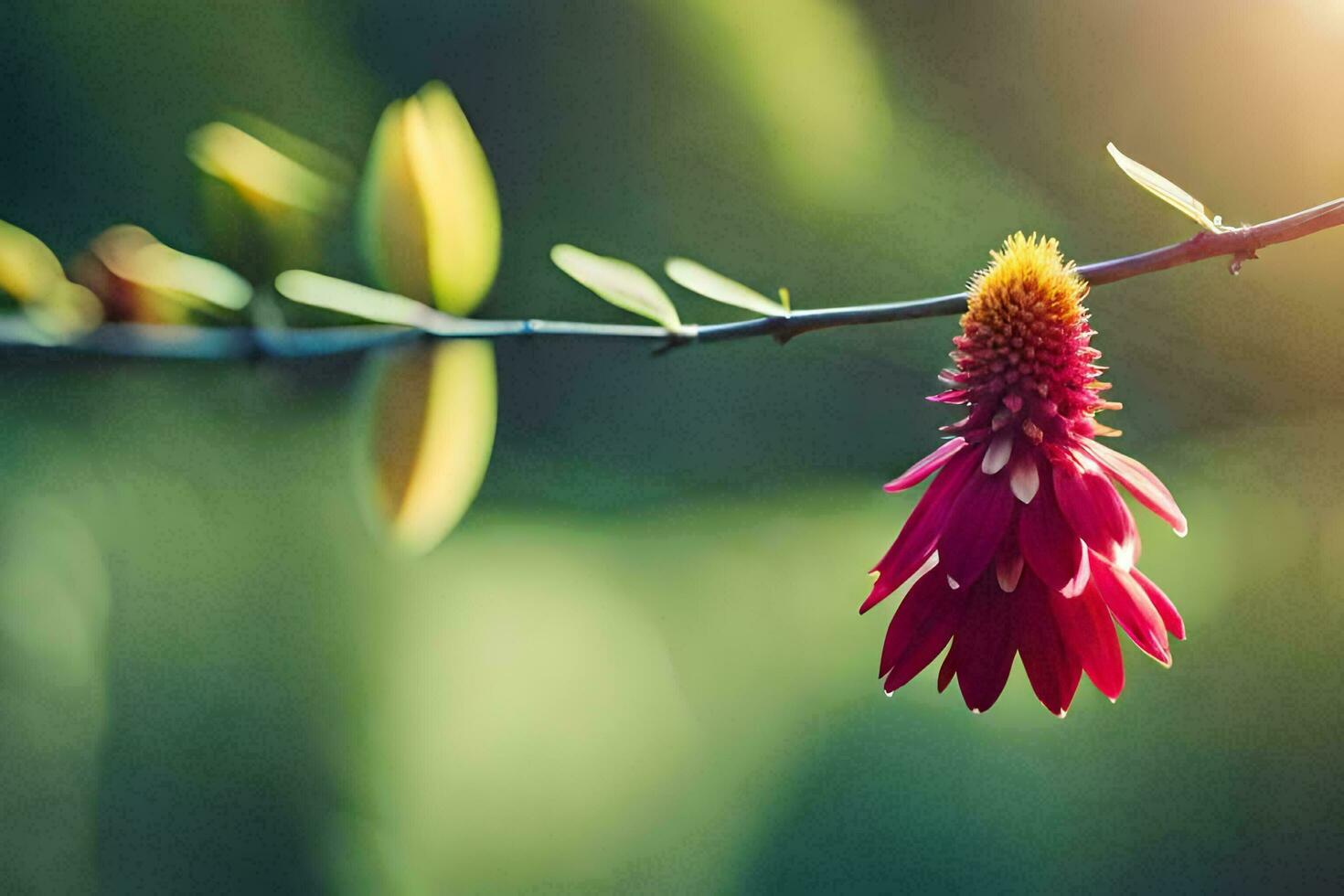 en röd blomma på en gren i de Sol. ai-genererad foto