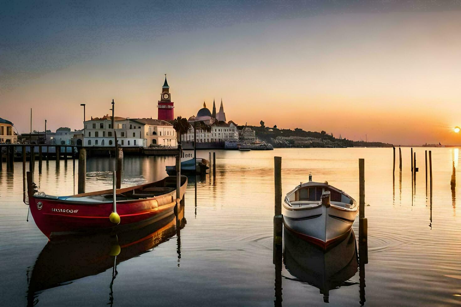 båtar dockad på de pir i främre av en kyrka på solnedgång. ai-genererad foto