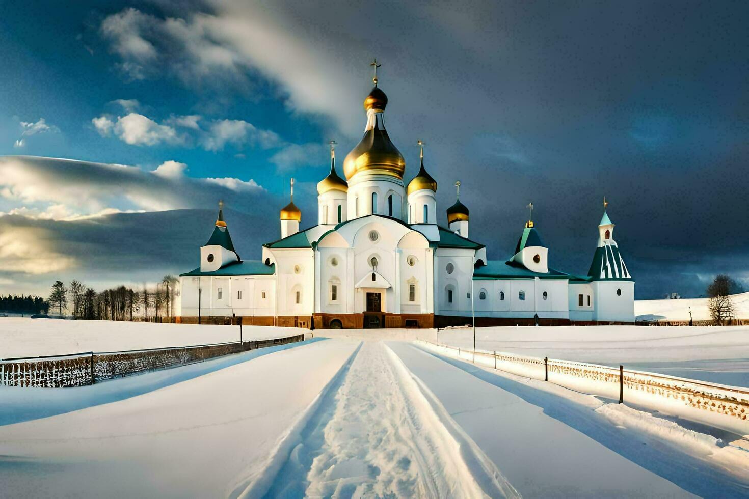 en vit kyrka med guld kupoler i de snö. ai-genererad foto