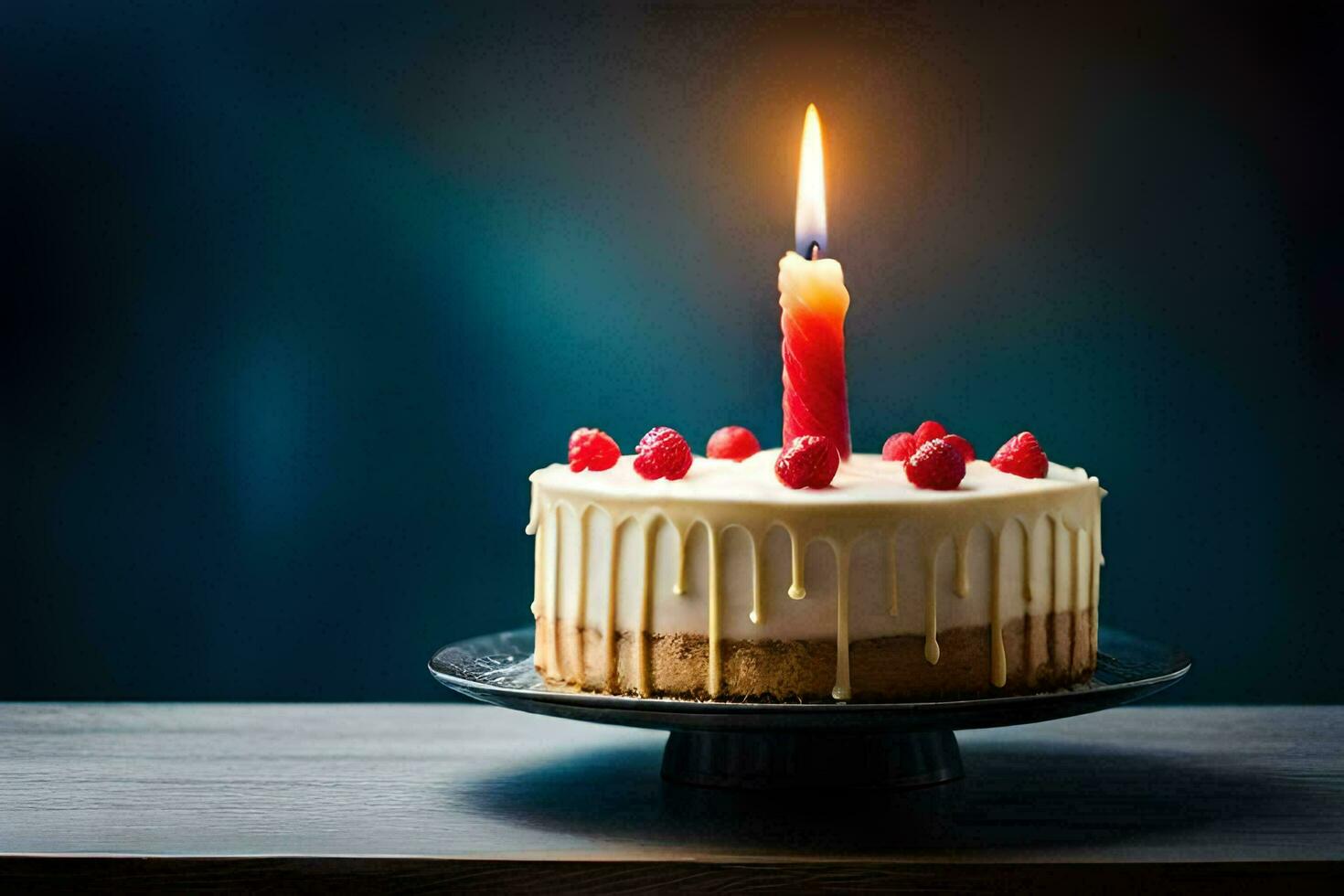 en kaka med en enda ljus på topp. ai-genererad foto