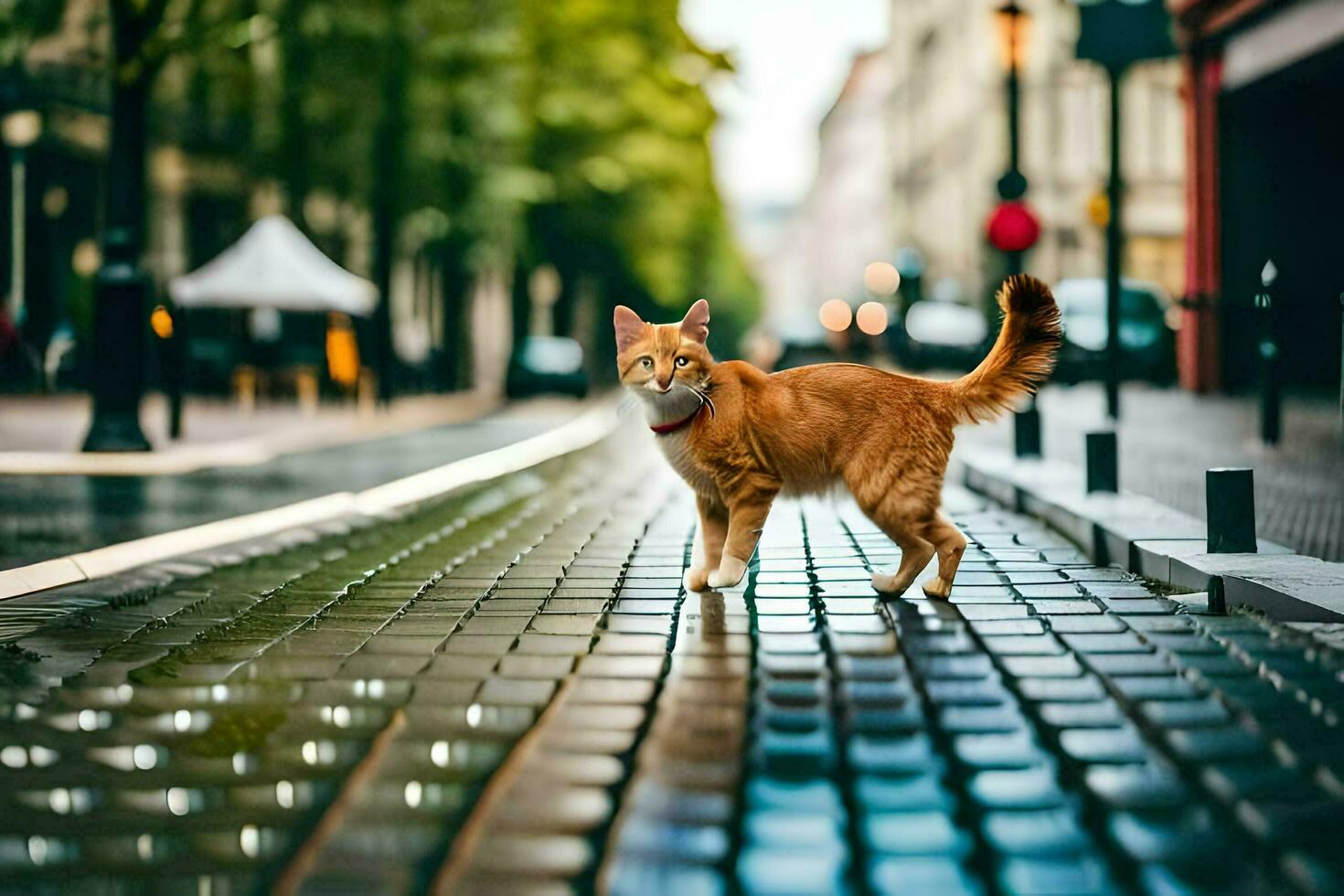 ett orange katt gående på en kullersten gata. ai-genererad foto