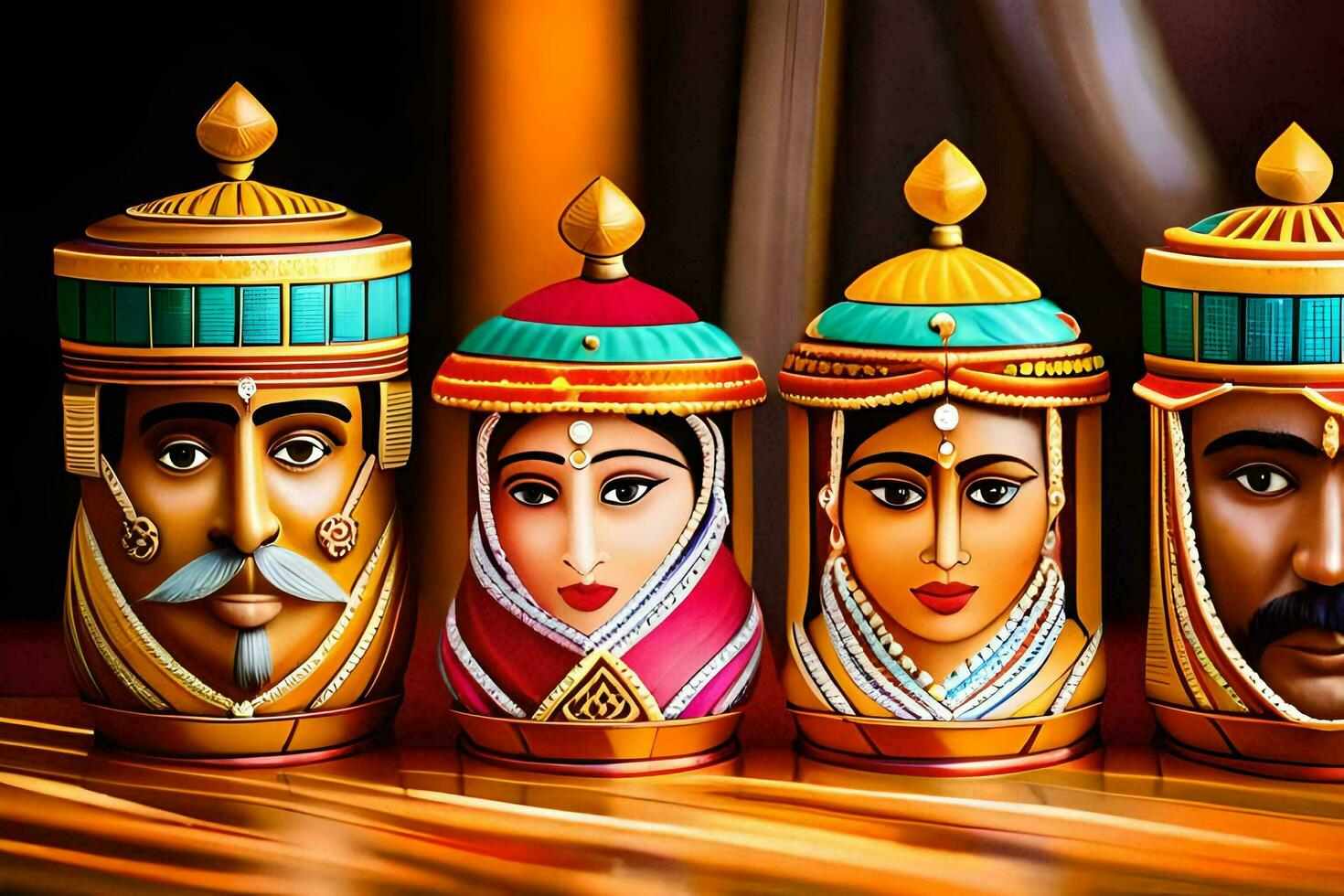 fem färgrik målad kastruller med ansikten av indisk kvinnor. ai-genererad foto