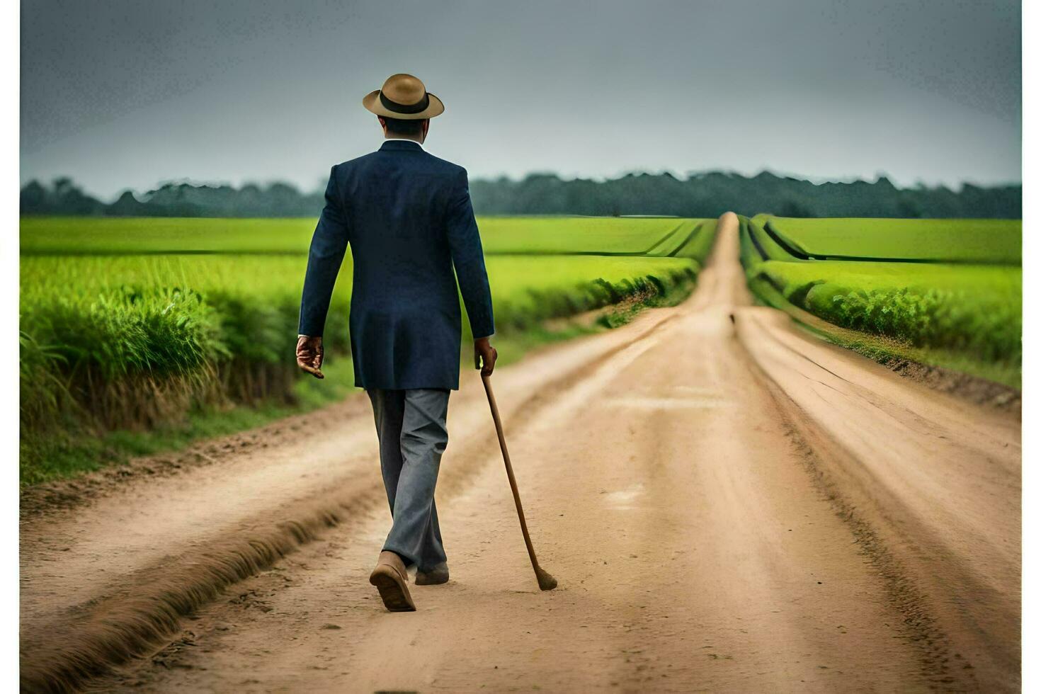 en man i en kostym promenader ner en smuts väg. ai-genererad foto