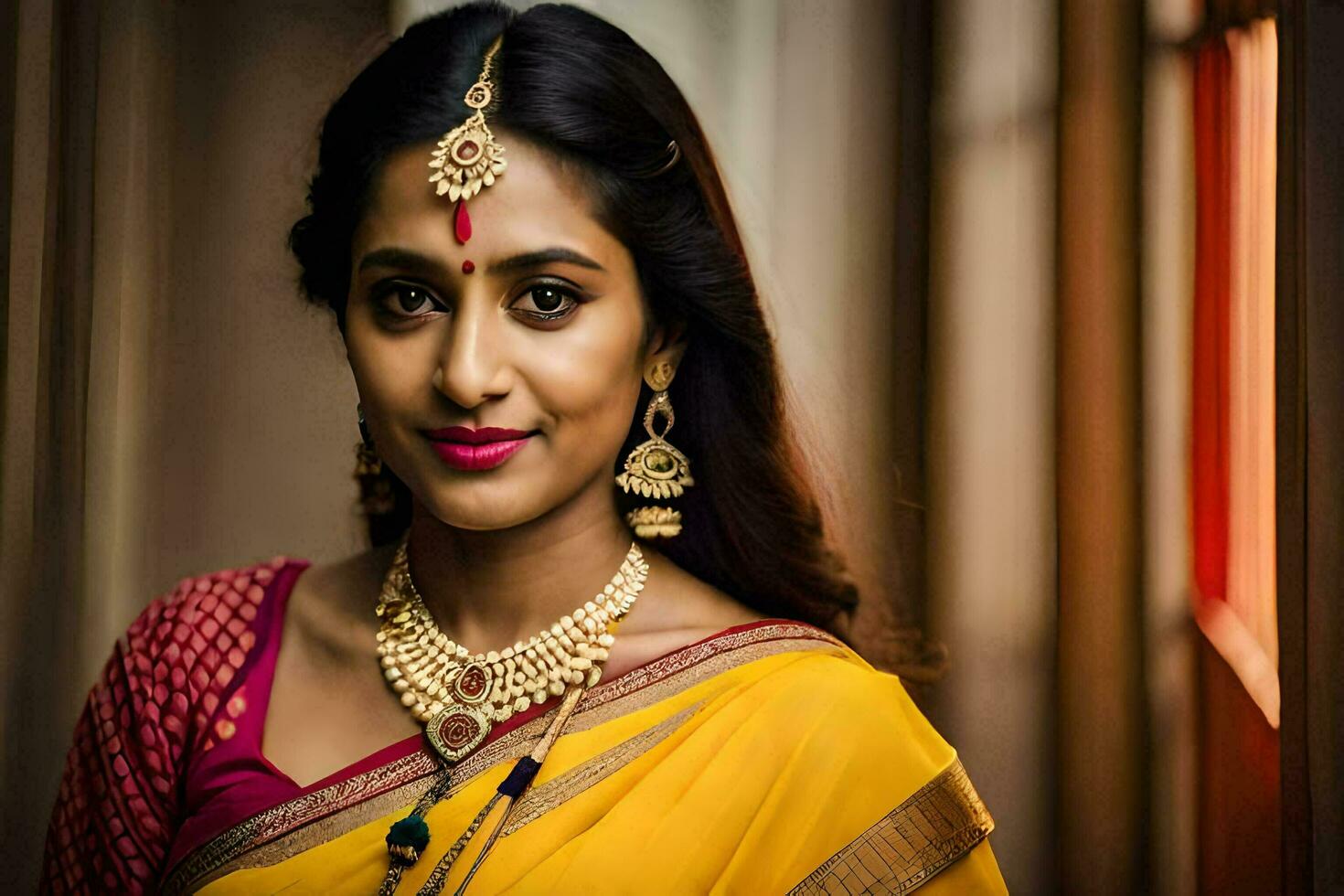 en skön kvinna i en gul sari. ai-genererad foto