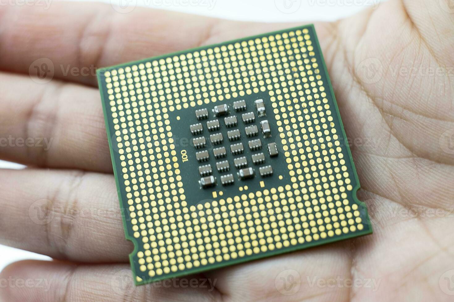 realistiska cpu bakifrån processor chip i handen på vit bakgrund foto