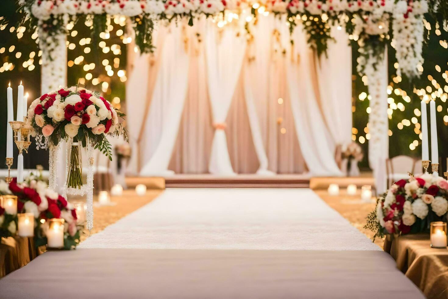 en bröllop ceremoni med ljus och blommor. ai-genererad foto