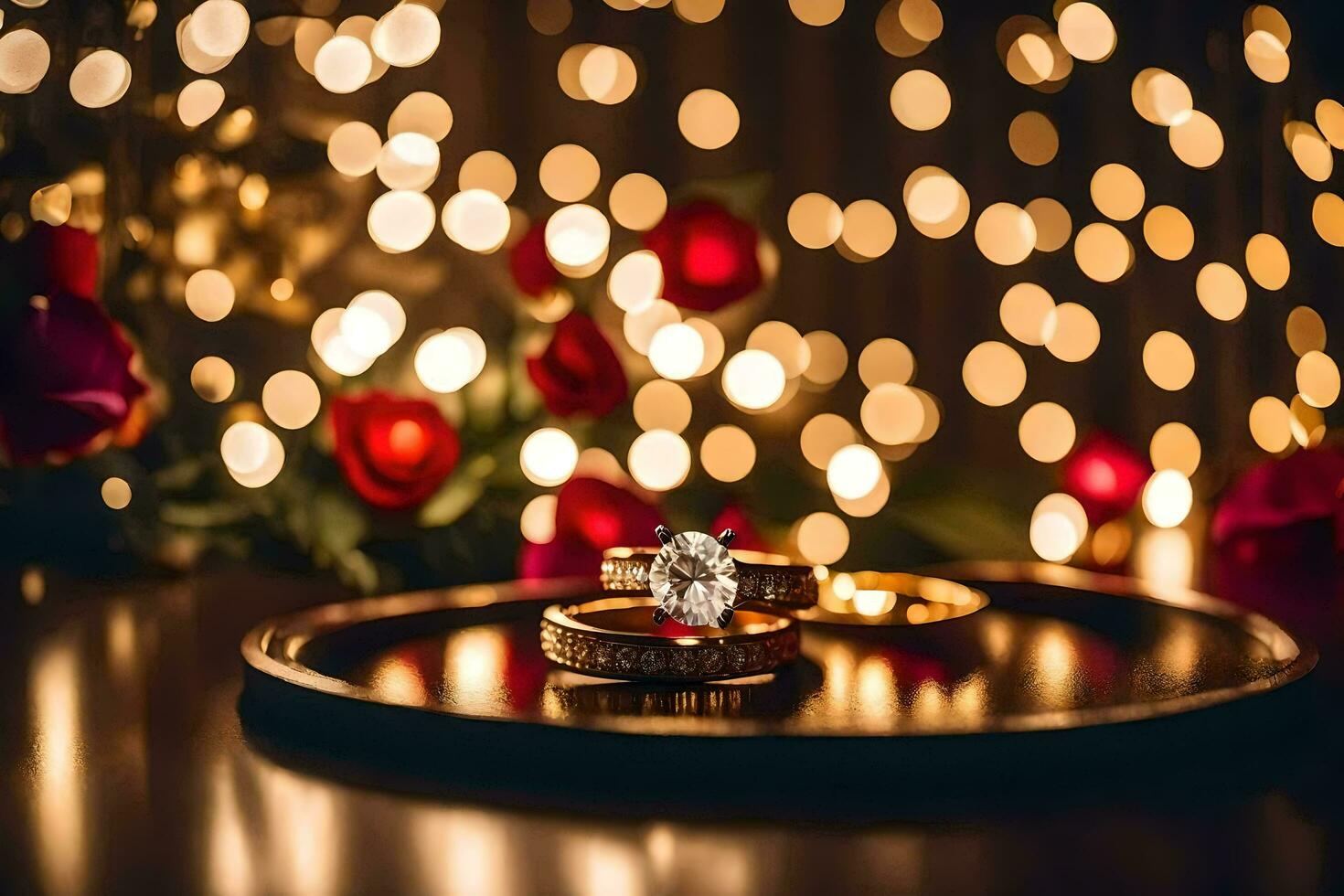 två bröllop ringar på en tabell med lampor i de bakgrund. ai-genererad foto