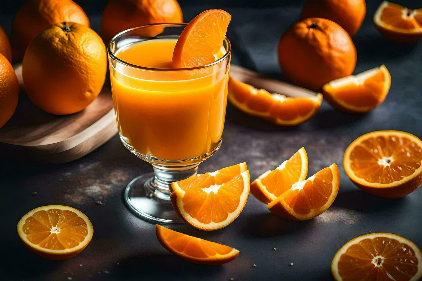 orange juice med skivor av apelsiner på en mörk bakgrund. ai-genererad foto