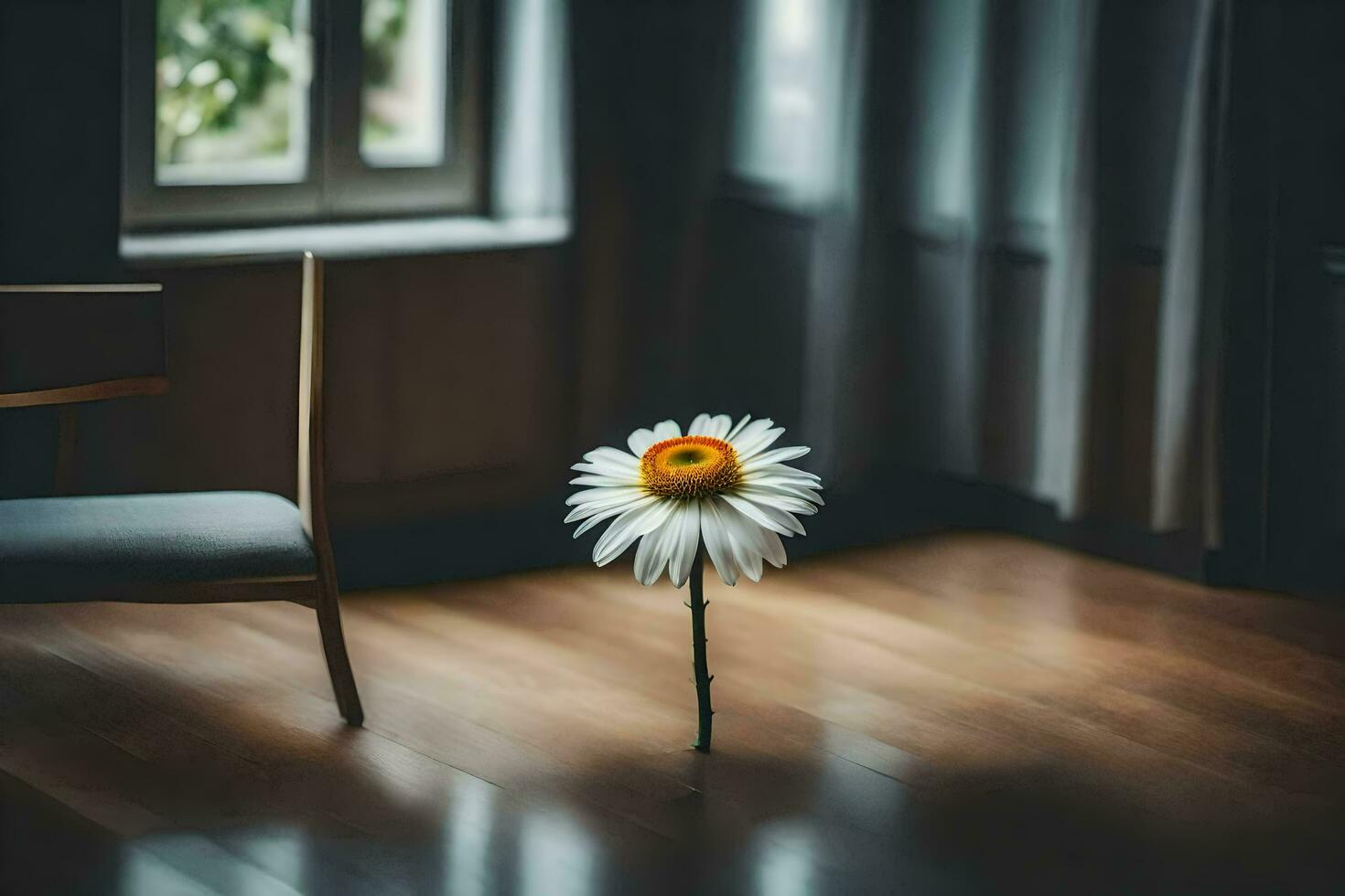 en enda daisy i en rum med en stol. ai-genererad foto