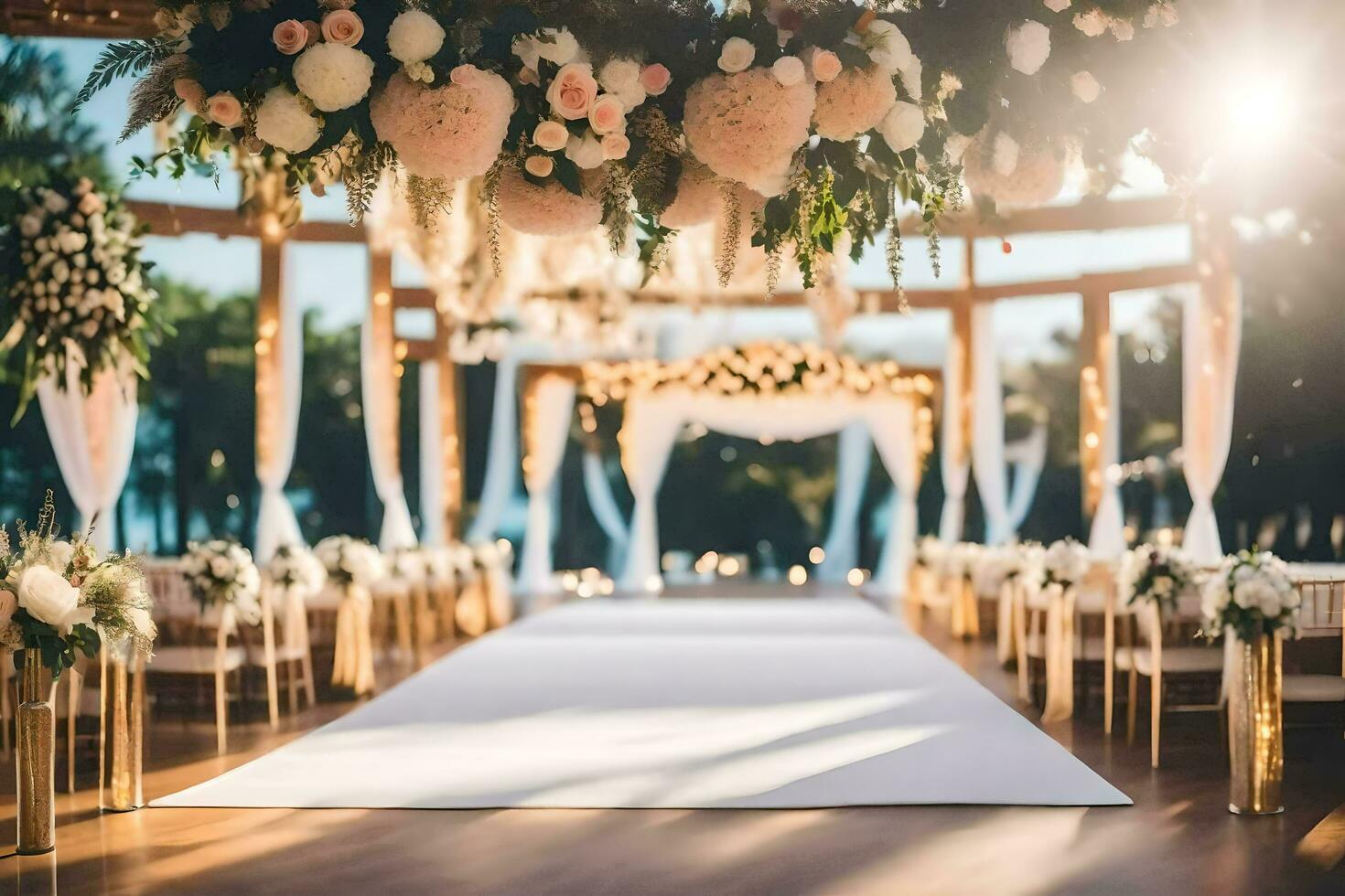 en bröllop ceremoni med blommor och grönska. ai-genererad foto