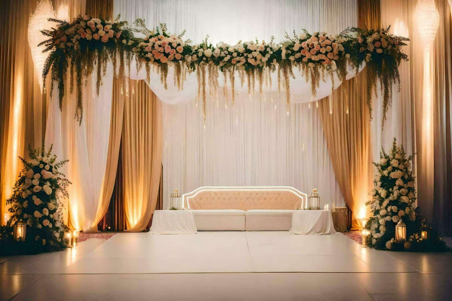 ett elegant bröllop skede med en vit soffa och blommor. ai-genererad foto